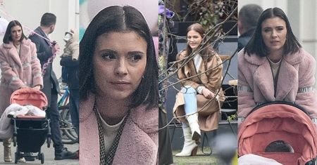Odpicowana w różowy płaszcz Klaudia Halejcio maszeruje z ukochanym Oskarem i córką na imprezę urodzinową (ZDJĘCIA)