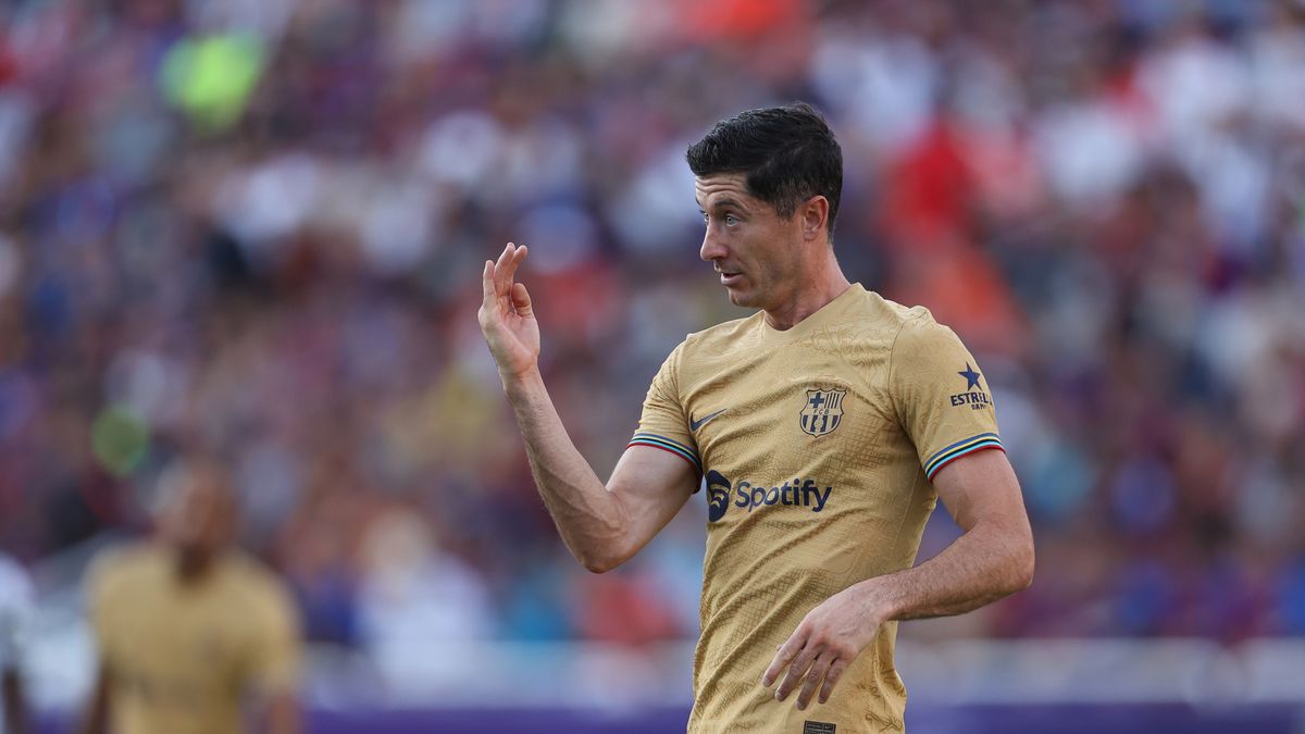 DALLAS, TX - JULY 26: Robert Lewandowski #12 of Barcelona gestures during the preseason friendly match between FC Barcelona and Juventus FC at Cotton Bowl on July 26, 2022 in Dallas, Texas. (Photo by Omar Vega/Getty Images)