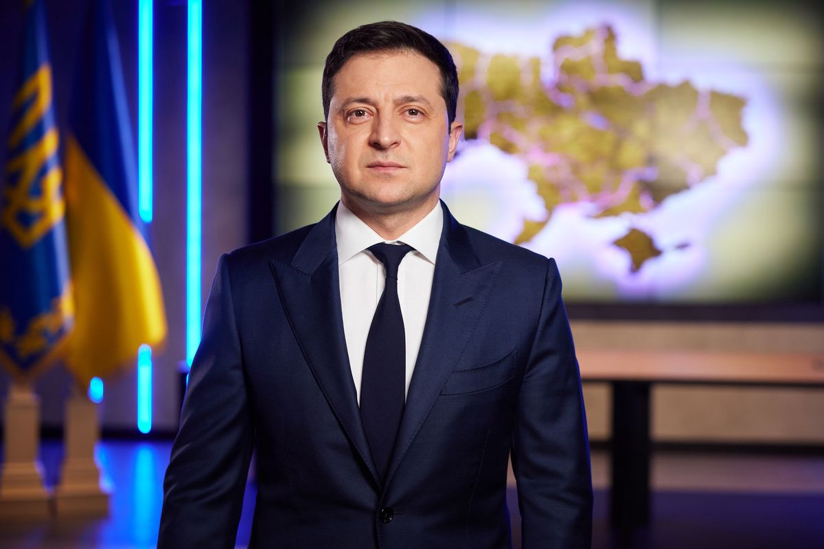 KIEV, UKRAINE - FEBRUARY 22: (----EDITORIAL USE ONLY â MANDATORY CREDIT - "UKRAINIAN PRESIDENCY / HANDOUT" - NO MARKETING NO ADVERTISING CAMPAIGNS - DISTRIBUTED AS A SERVICE TO CLIENTS----) Ukrainian President Volodymyr Zelensky addresses the nation after Russiaâs decision to recognize the Donetsk and Luhansk regions as independent states, on February 22, 2022, in Kiev, Ukraine. (Photo by Ukrainian Presidency / Handout/Anadolu Agency via Getty Images)