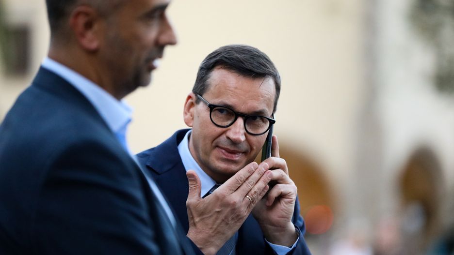 Former Polish Prime Minister Mateusz Morawiecki is attending Jaroslaw Kaczynski's monthly visit to Wawel in Krakow, Poland, on August 18, 2024. Every 18th day of the month, the leader of the Law and Justice (PiS) party, Jaroslaw Kaczynski, and leading MPs of this party are meeting on Wawel Hill to commemorate President Lech Kaczynski. Wreaths are being laid at his grave, and then a holy mass is being celebrated in the Wawel Cathedral for the intention of the deceased presidential couple. (Photo by Klaudia Radecka/NurPhoto via Getty Images)
