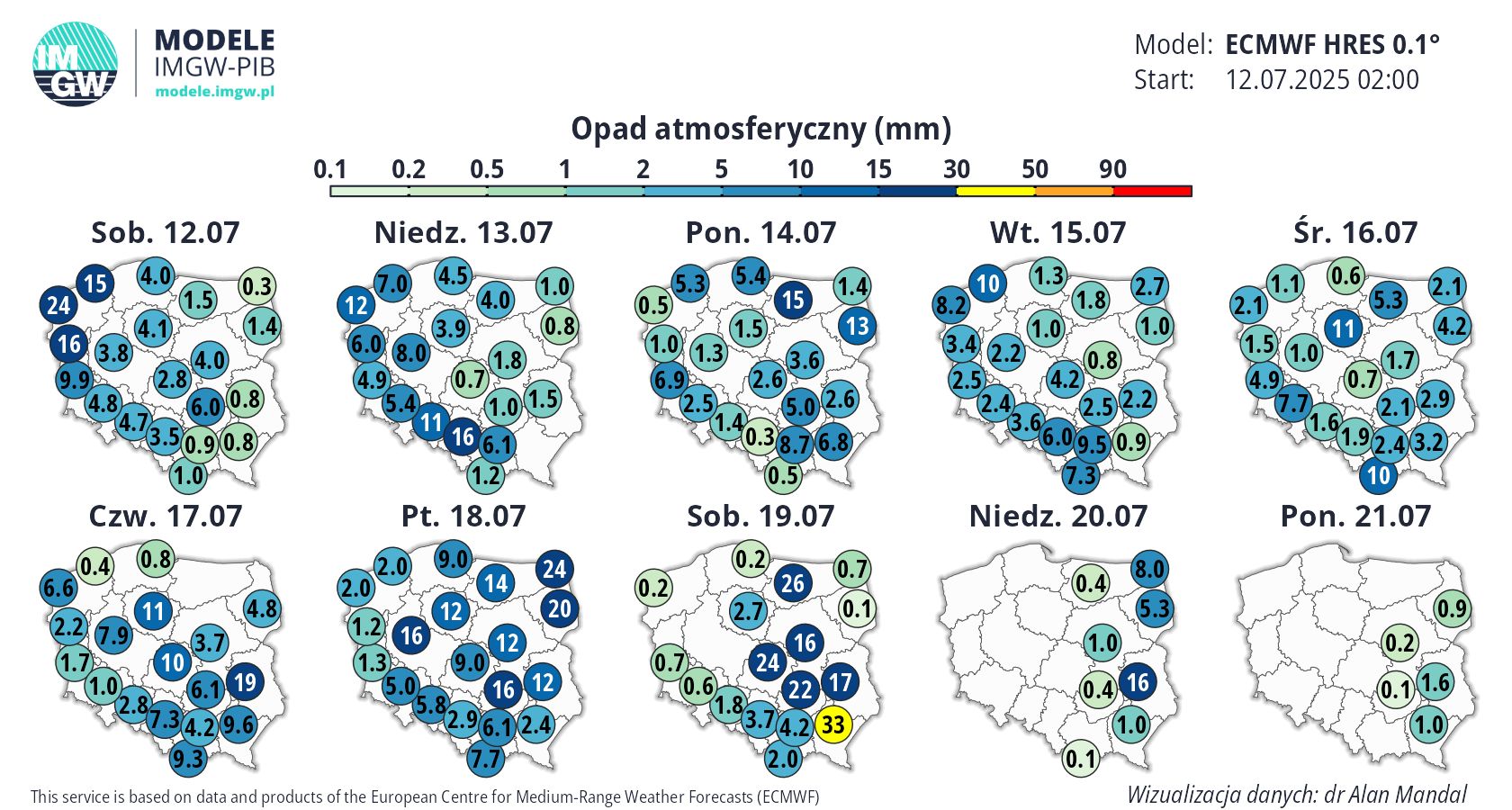 Prognoza opadów deszczu na najbliższych 10 dni
