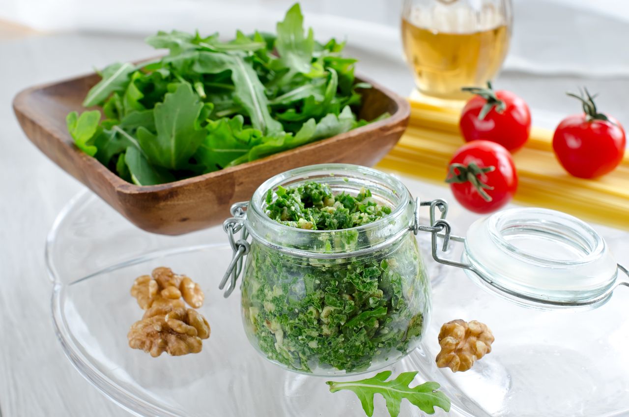 Arugula pesto is perfect for pasta.