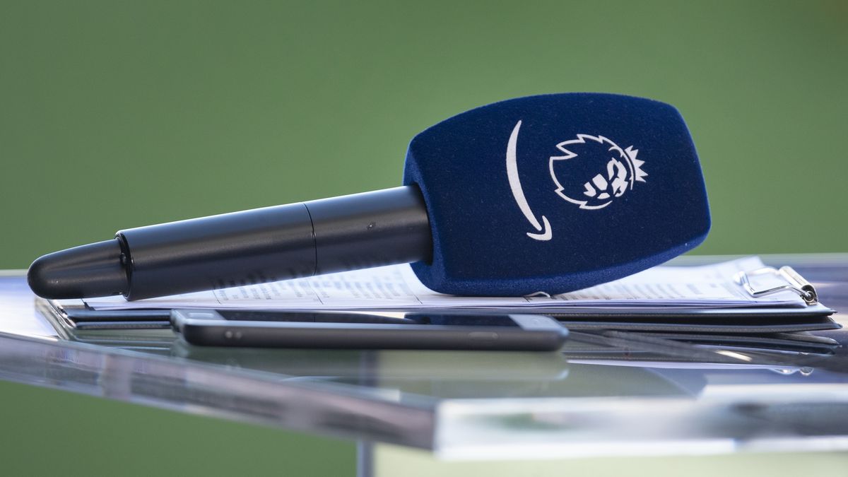 LIVERPOOL, ENGLAND - DECEMBER 26: The official Amazon logo on an interview microphone ahead of the Premier League match between Everton FC and Wolverhampton Wanderers at Goodison Park on December 26, 2022 in Liverpool, United Kingdom. (Photo by Joe Prior/Visionhaus via Getty Images)
