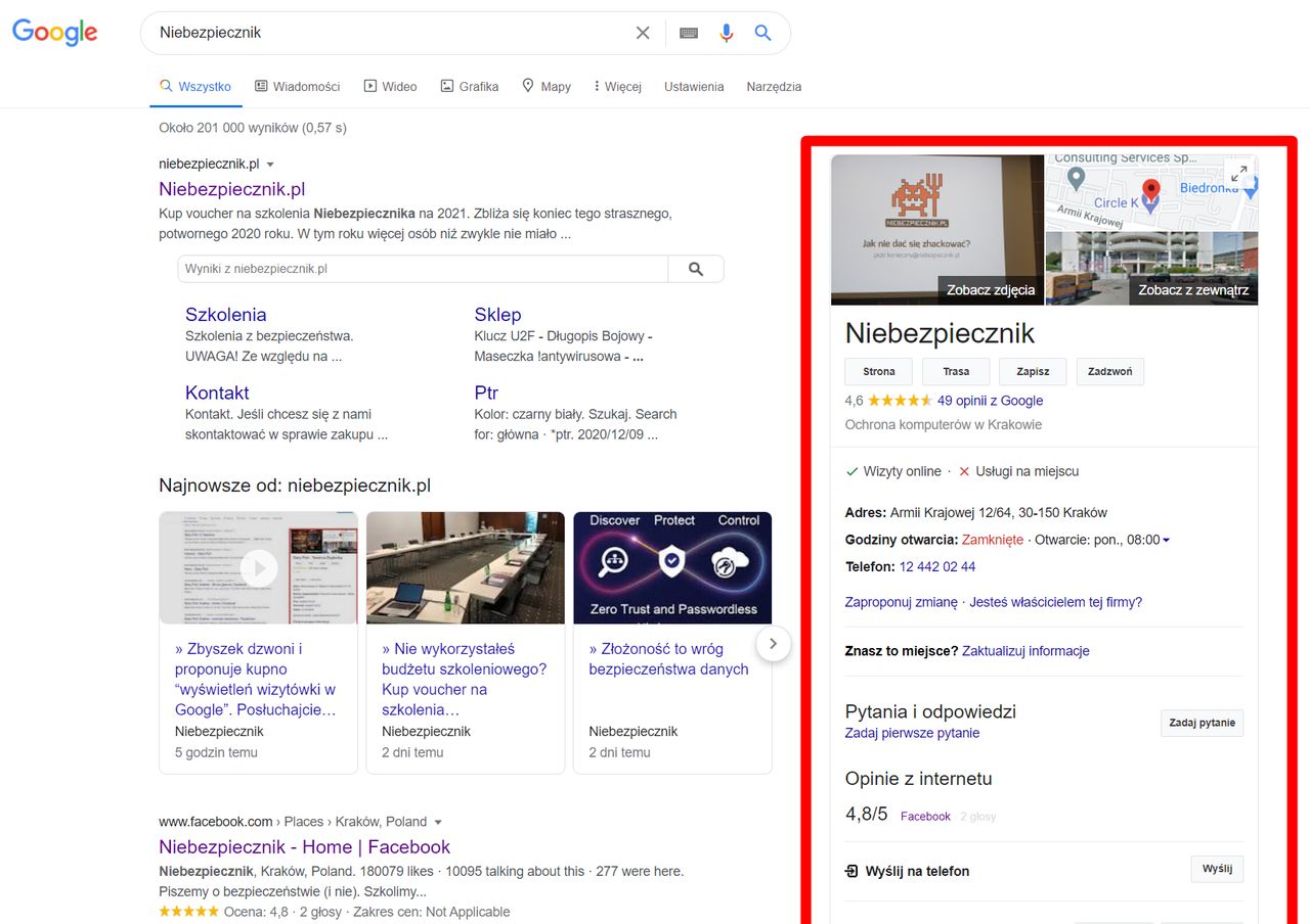 Wizytówka w Google na przykładzie Niebezpiecznika.