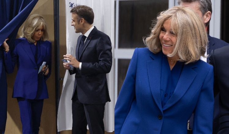 Brigitte Macron i Emmanuel Macron "meldują się" w lokalu wyborczym. Pierwsza dama postawiła na kobaltowy komplet (ZDJĘCIA)