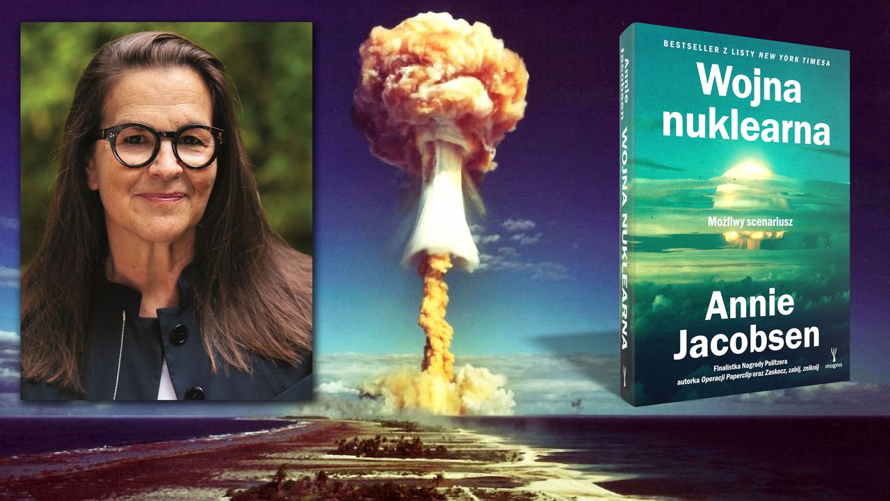 Annie Jacobsen, autorka "Wojny nuklearnej". W tle grzyb atomowy powstały na skutek testu atomowego przeprowadzonego w 1971 roku przez Francję na atolu Mururoa w Polinezji Francuskiej