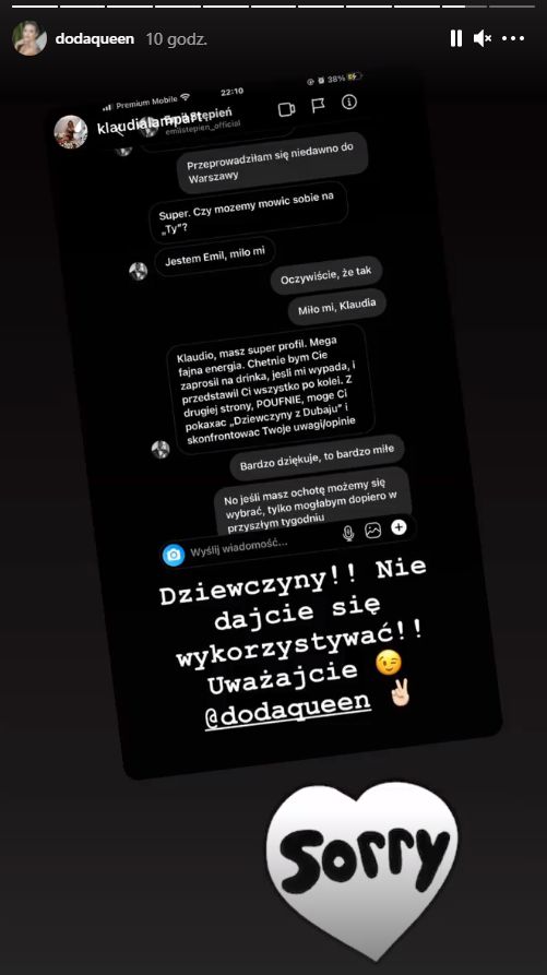 Relacja Dody ze screenem prywatnej rozmowy Emila Stępnia