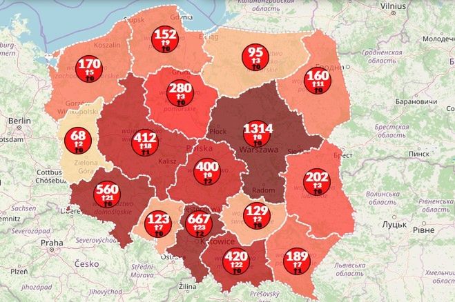 Mapa pokazuję liczbę zakażeń kronawirusem w Polsce