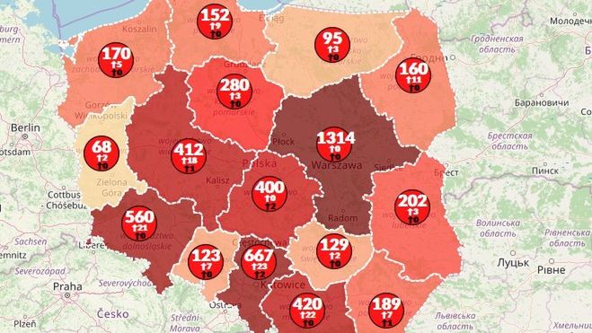 Mapa pokazuję liczbę zakażeń kronawirusem w Polsce