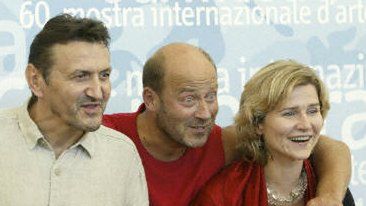 Jan Jakub Kolski z Krzysztofem Majchrzakiem i Grażyną Błęcką Kolską na festiwalu w Wenecji