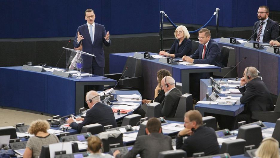 Premier Mateusz Morawiecki podczas debaty o przyszłości Unii Europejskiej w Parlamencie Europejskim.