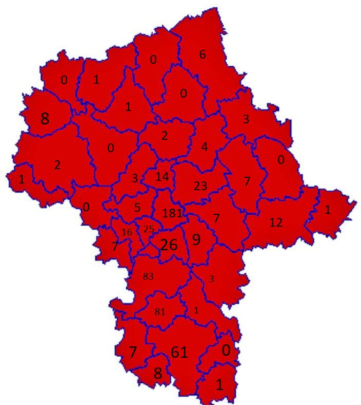 Poniższa mapa przedstawia liczbę osób zakażonych w poszczególnych województwach 