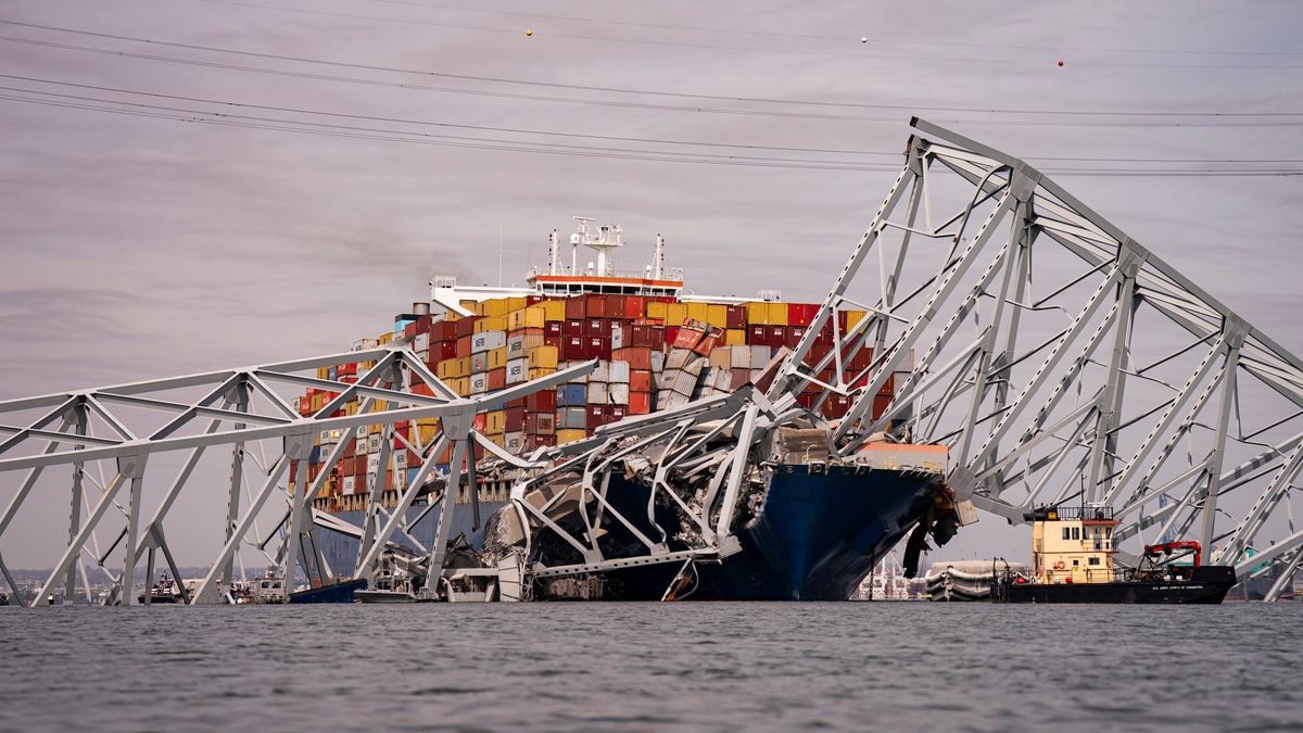 The Dali container vessel after striking the Francis Scott Key Bridge that collapsed into the Patapsco River in Baltimore, Maryland, US, on Tuesday, March 26, 2024. The commuter bridge collapsed after being struck by a container ship, causing vehicles to plunge into the water and halting shipping traffic at one of the most important ports on the US East Coast. Photographer: Al Drago/Bloomberg via Getty Images