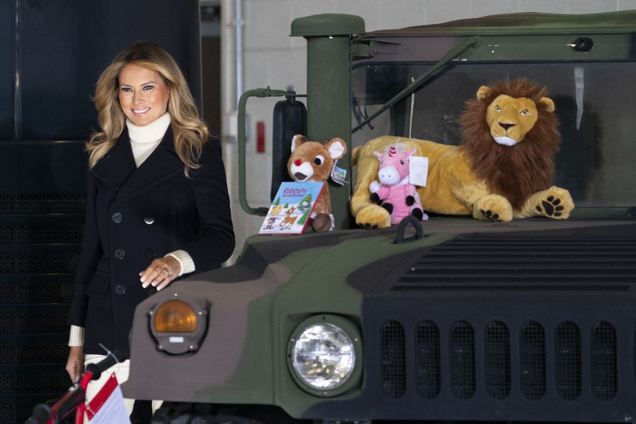 WASHINGTON, DC - DECEMBER 08: First Lady Melania Trump arrives for the annual Marine Toys for Tots Drive at Joint Base Anacostia-Bolling on December 8, 2020 in Washington, DC. Toys for Tots is a program run by the United States Marine Corps Reserve which distributes toys to children whose parents cannot afford to buy them gifts for the holidays. (Photo by Drew Angerer/Getty Images)