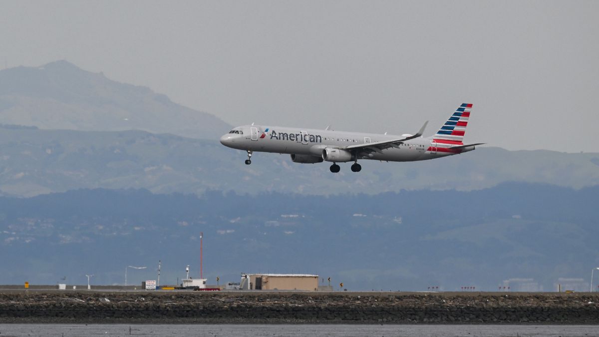 SAN FRANCISCO, CA - MARCH 17: An American Airlines plane lands at San Francisco International Airport (SFO) in San Francisco, California, United States on March 17, 2023. (Photo by Tayfun Coskun/Anadolu Agency via Getty Images)