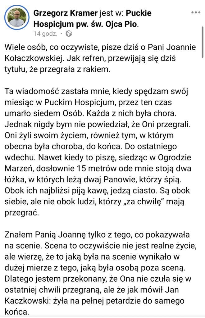 Ksiądz Grzegorz Kramer o Joannie Kołaczkowskiej