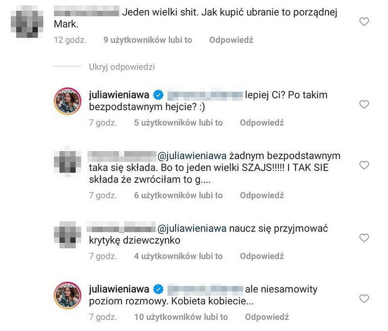 Julia Wieniawa zarzuca internautom hejt