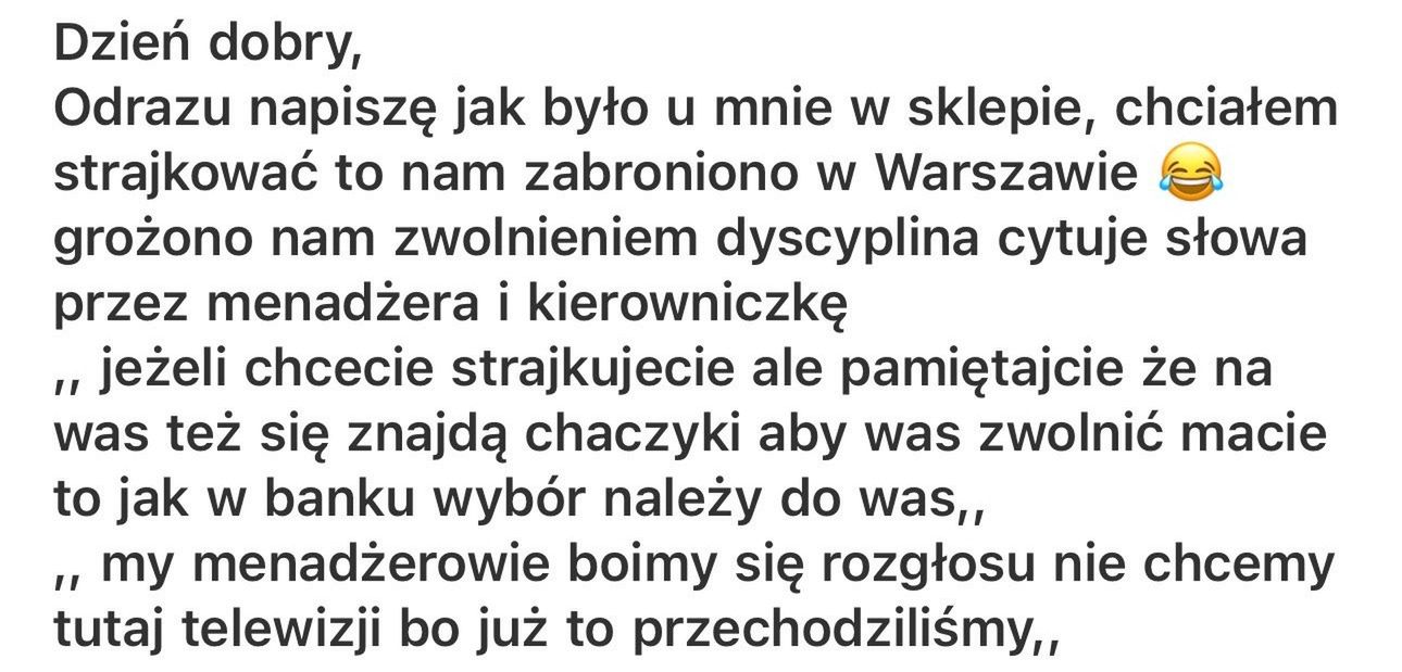Jedna z wiadomości otrzymana przez związkowców od pracownika