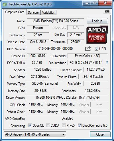 PowerColor Devil R9 370X karta graficzna - specyfikacja GPU-Z