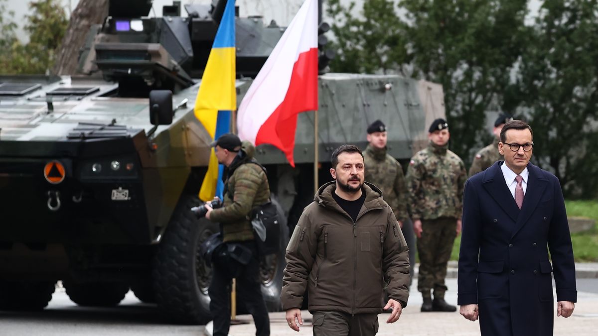 President of Ukraine Volodymyr Zelensky and Prime Minister of Poland Mateusz Morawiecki during their meeting in Warsaw, Poland on April 5, 2023. (Photo by Jakub Porzycki/NurPhoto via Getty Images)