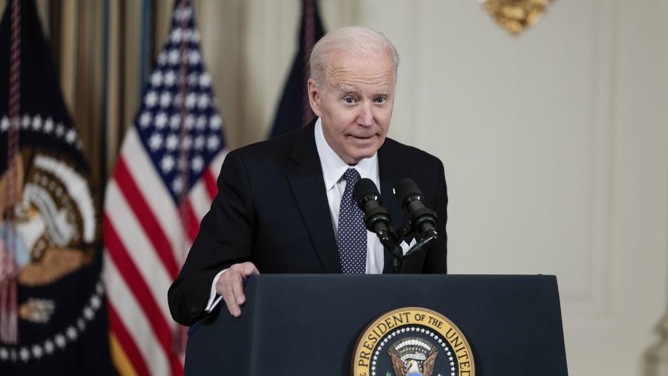 WASHINGTON, DC - MARCH 28: U.S. President Joe Biden introduces his budget request for fiscal year 2023 in the State Dining Room of the White House on March 28, 2022 in Washington, DC. Biden's $5.8 trillion budget request includes money for domestic investments, public safety and domestic and international security. (Photo by Anna Moneymaker/Getty Images)