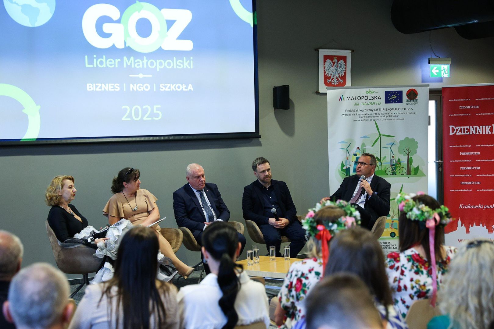 Konkurs „GOZ Lider Małopolski 2025” - wielki finał, któremu towarzyszył panel dyskusyjny. Od lewej: dr hab. Joanna Kulczycka (Polska Akademia Nauk), prof. dr hab. inż. Agnieszka Generowicz (Politechnika Krakowska), Ryszard Pagacz, wicemarszałek Województwa Małopolskiego, Piotr Rąpalski, redaktor naczelny &#34;Dziennika Polskiego&#34; i &#34;Gazety Krakowskiej&#34;, dyr. Adam Ślusarczyk (Małopolskie Centrum Przedsiębiorczości)