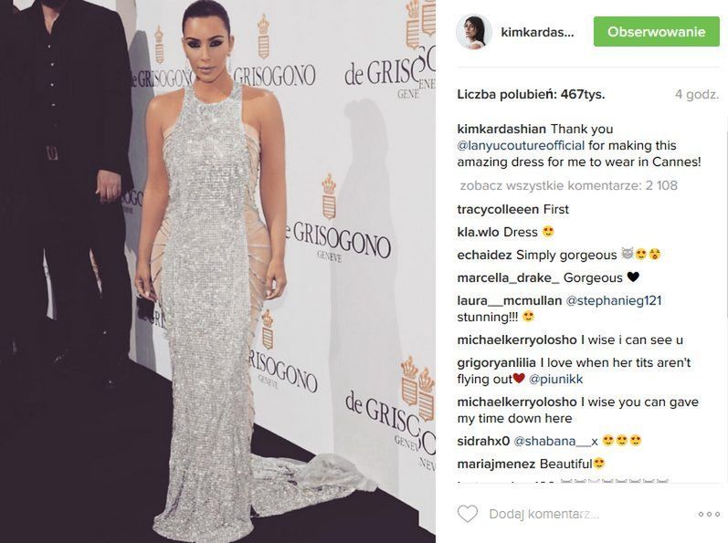 Kreacja: Lanyu. Kim Kardashian na imprezie marki De Grisogono, festiwal w Cannes 2016b (fot. Instagram)
