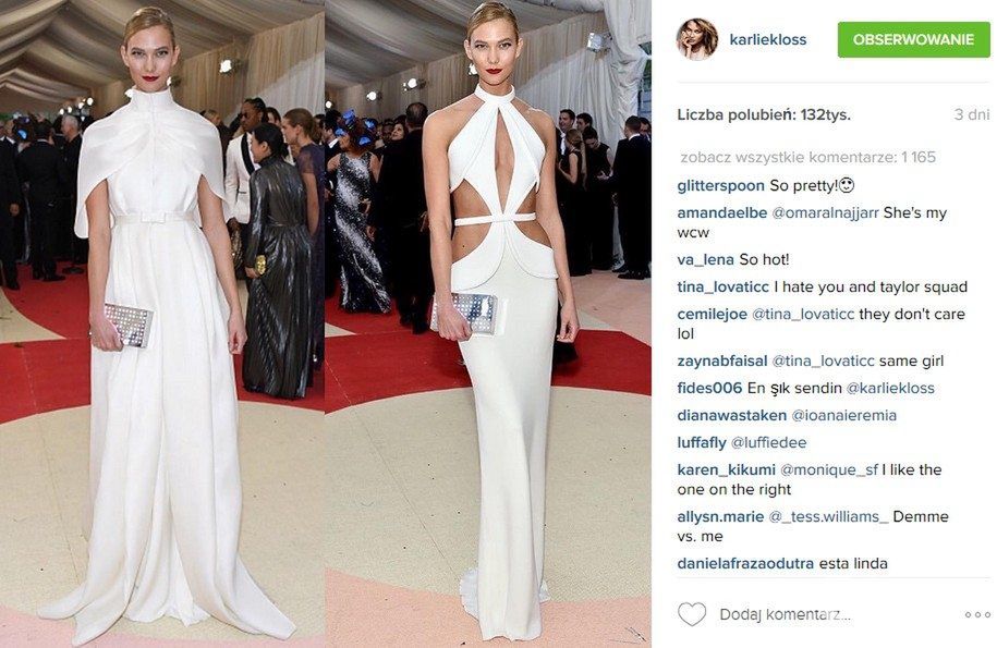 Karlie Kloss w kreacji Brandona Maxwella, MET Gala 2016 (fot. Instagram)