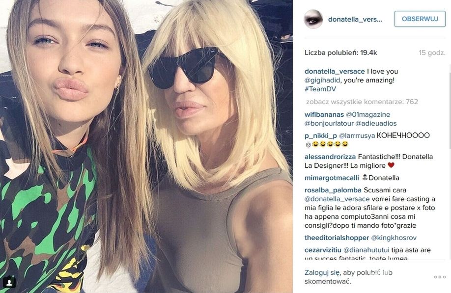 Donatella Versace na Instagramie. Na zdj. z Gigi Hadid