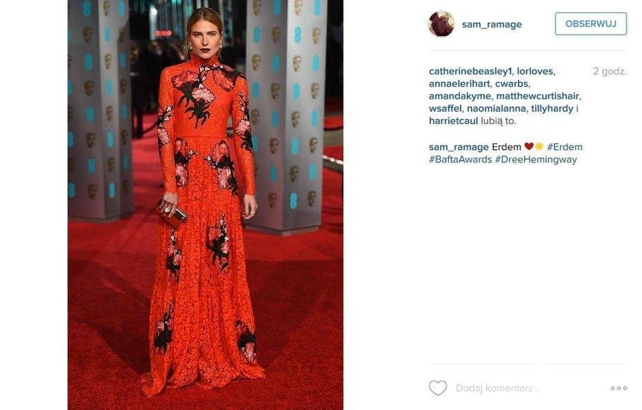 Dree Hemingway w sukni Erdem, BAFTA 2016 (fot. Instagram)