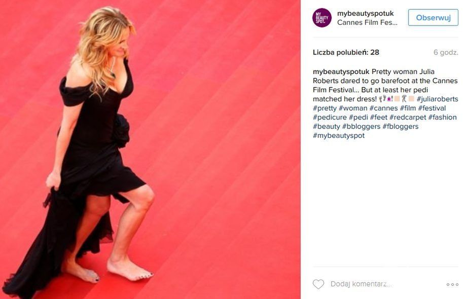 Bosa Julia Roberts na premierze "Zakładnika z Wall Street" na festiwalu w Cannes 2016 (fot. Instag