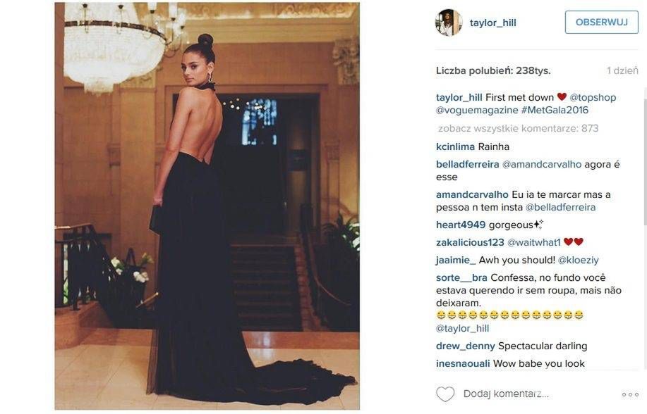 Taylor Hill w sukni Topshop, MET Gala 2016 (fot. Instagram)