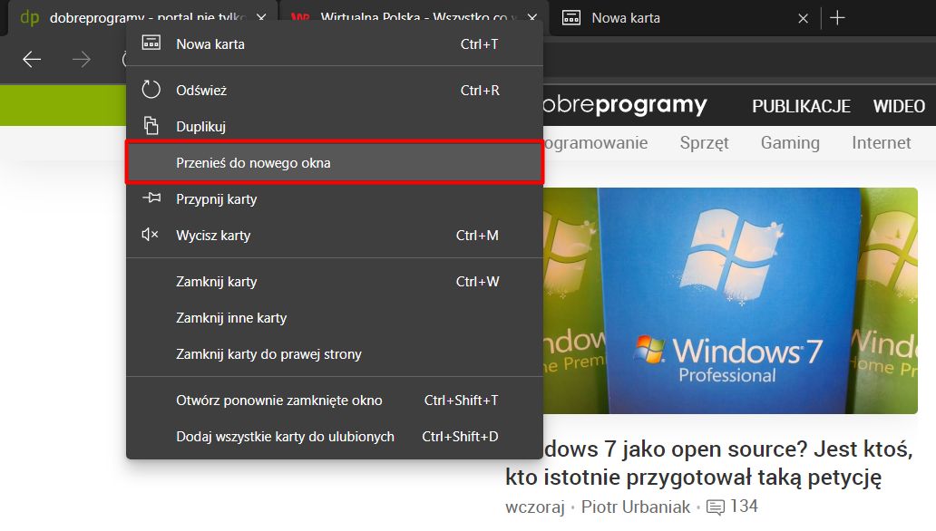 Przenoszenie grupy kart do nowego okna w przeglądarce Microsoft Edge.