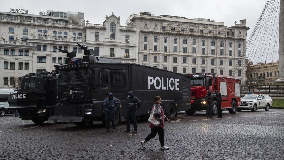 TBILISI, GEORGIA - NOVEMBER 25: Armored Water Cannon riot control truck near the Protest over the results of last month's parliamentary election on November 25, 2025 in Tbilisi, Georgia. The country's president, Salome Zourabichvili, alleges last month's parliamentary election, which was won by the ruling Georgian Dream party, was "stolen" amid Russian interference. (Photo by Daro Sulakauri/Getty Images)