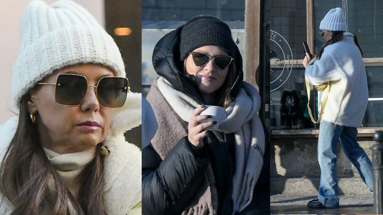 Kinga Rusin z córką Polą i psem Czarkiem na mieście