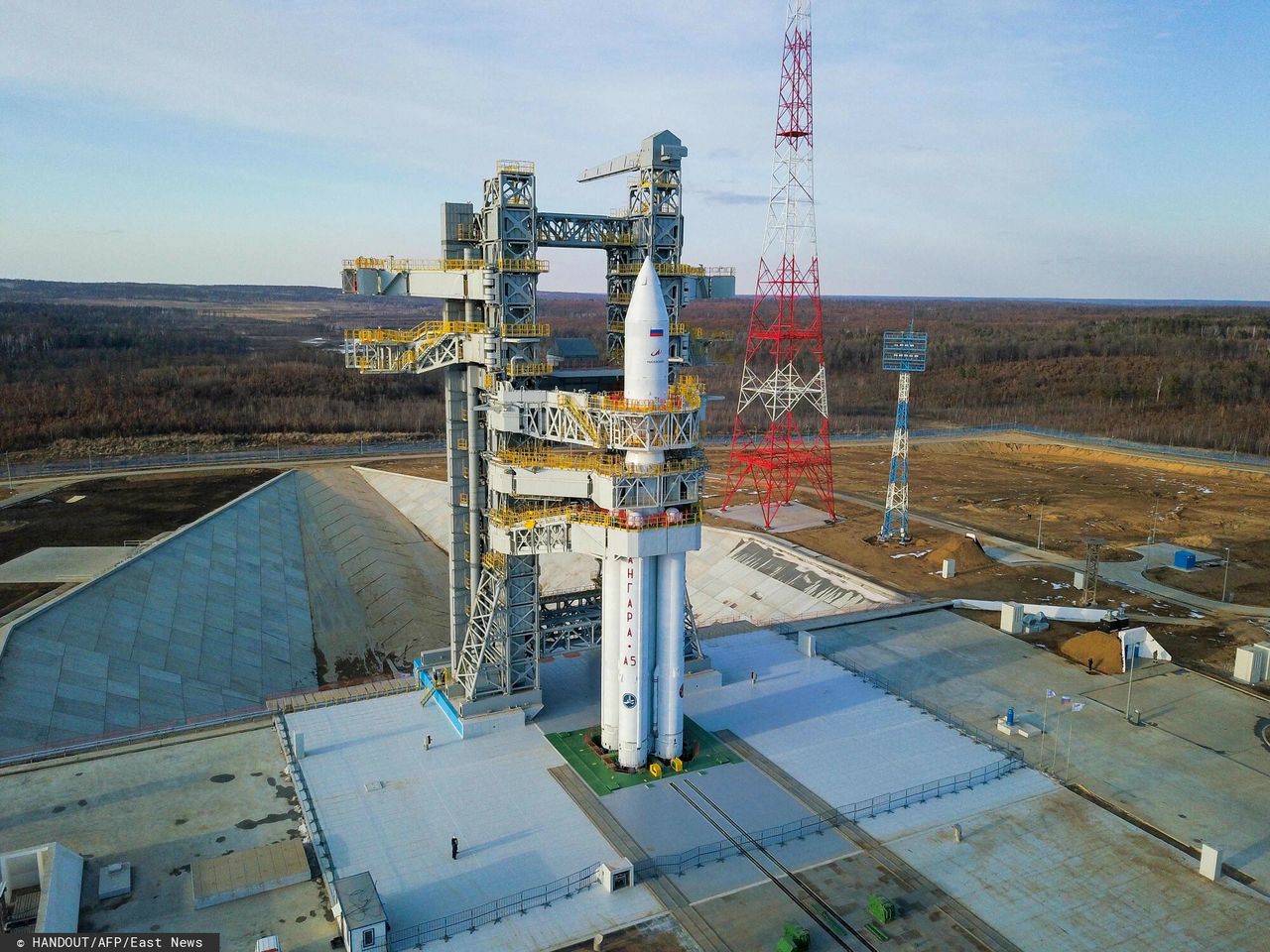 The Angara A5 rocket on the launch pad of the Vostochny Cosmodrome.