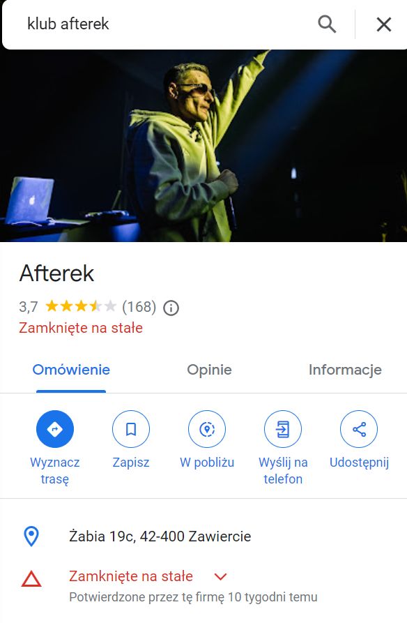 Zrzut ekranu z Google Maps o klubie Afterek