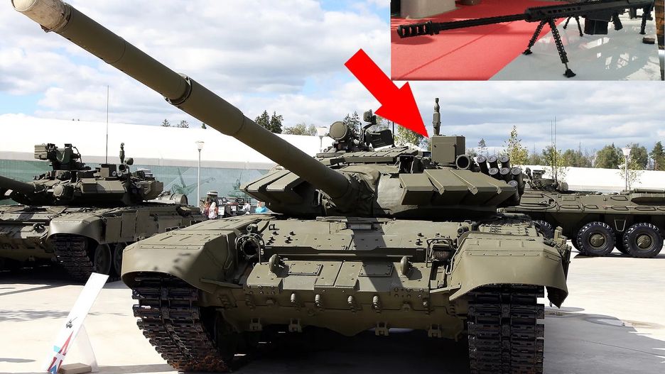 Rosyjski czołg T-72B3 z widoczną kopułą celownika Sosna-U zasłonięta przykręcaną płytą, którą można pokonać karabinem Barrett M107A1.