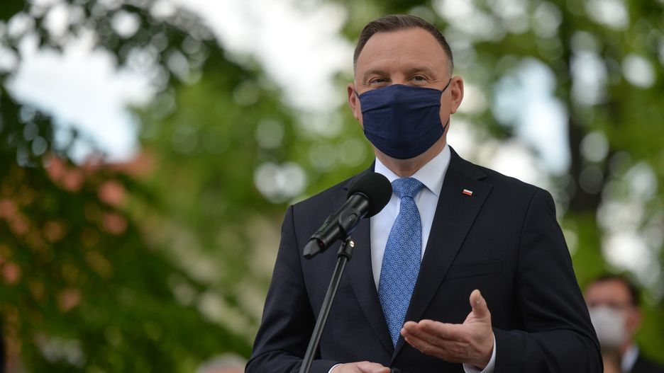 Polish President Andrzej Duda addresses the media during his visit to Alwernia.On  May 27, 2020, in Alwernia, County Chrzanow, Lesser Poland Voivodeship, Poland. (Photo by Artur Widak/NurPhoto via Getty Images)