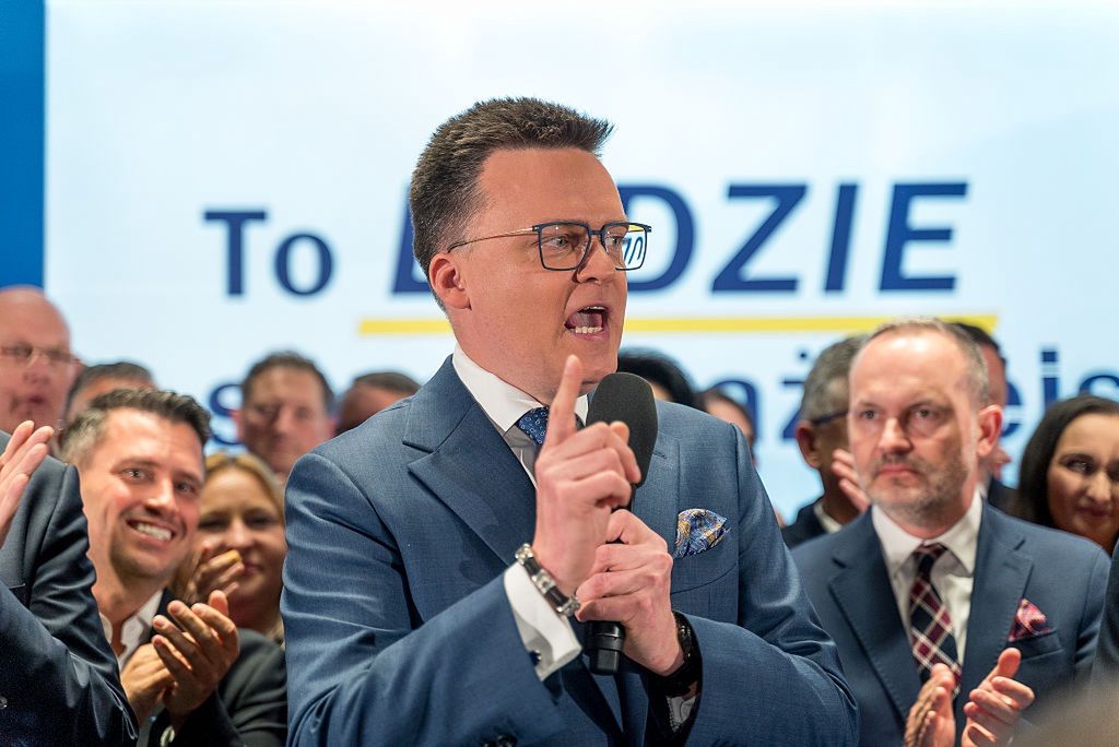 Szymon Holownia, candidate for President of Poland speaks
WARSAW, POLAND - 2025/05/18: Szymon Holownia, candidate for President of Poland speaks during an election night rally. The election is seen as a test of whether the centrist ruling coalition can overcome the right-wing populism represented by the Law and Justice Party, which has held the presidency since 2015. Exit polls show Rafal Trzaskowski with 30.8% and Karol Nawrocki with 29.1%, sending both to a second-round runoff. (Photo by Marek Antoni Iwaczuk/SOPA Images/LightRocket via Getty Images)
SOPA Images
presidential elections, elections, election night, vote, szymon holownia