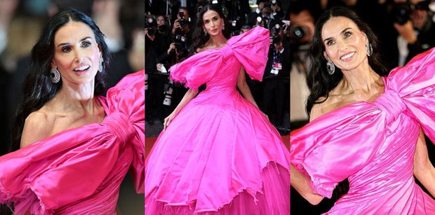 Demi Moore bryluje w Cannes w różowej sukni z kokardą. Zjawiskowa? (ZDJĘCIA)