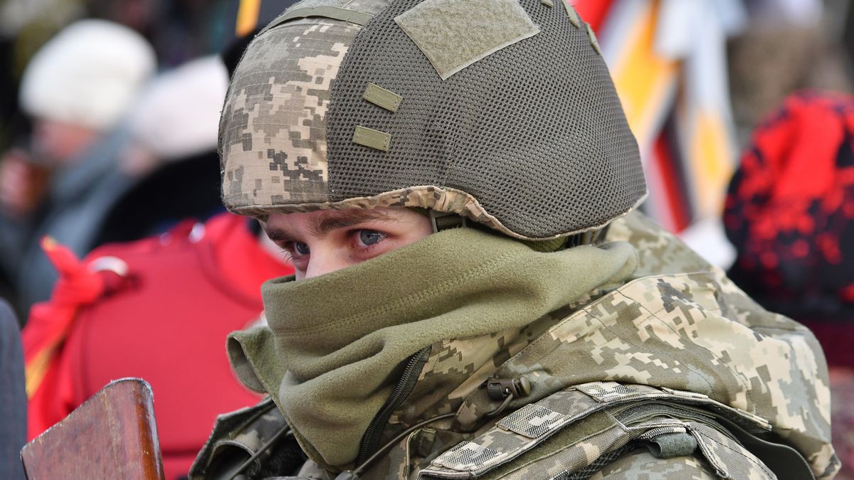 MSHANETS VILLLAGE, LVIV, UKRAINE - 2026/01/03: A participant in ukrainian army uniform seen during the "Christmas Birds" (Rizdviani Ptashky) "Vertepia" charity festival. The event gathers dozens of Nativity play groups (Vertep) from across the region to perform carols and raise funds for the Ukrainian Armed Forces during the winter holidays. (Photo by Mykola Tys/SOPA Images/LightRocket via Getty Images)