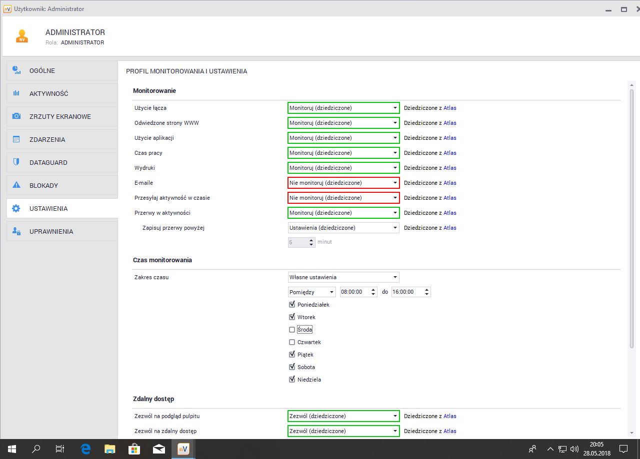 Przegląd ustawień monitorowania dla wybranego użytkownika, tutaj – administratora.