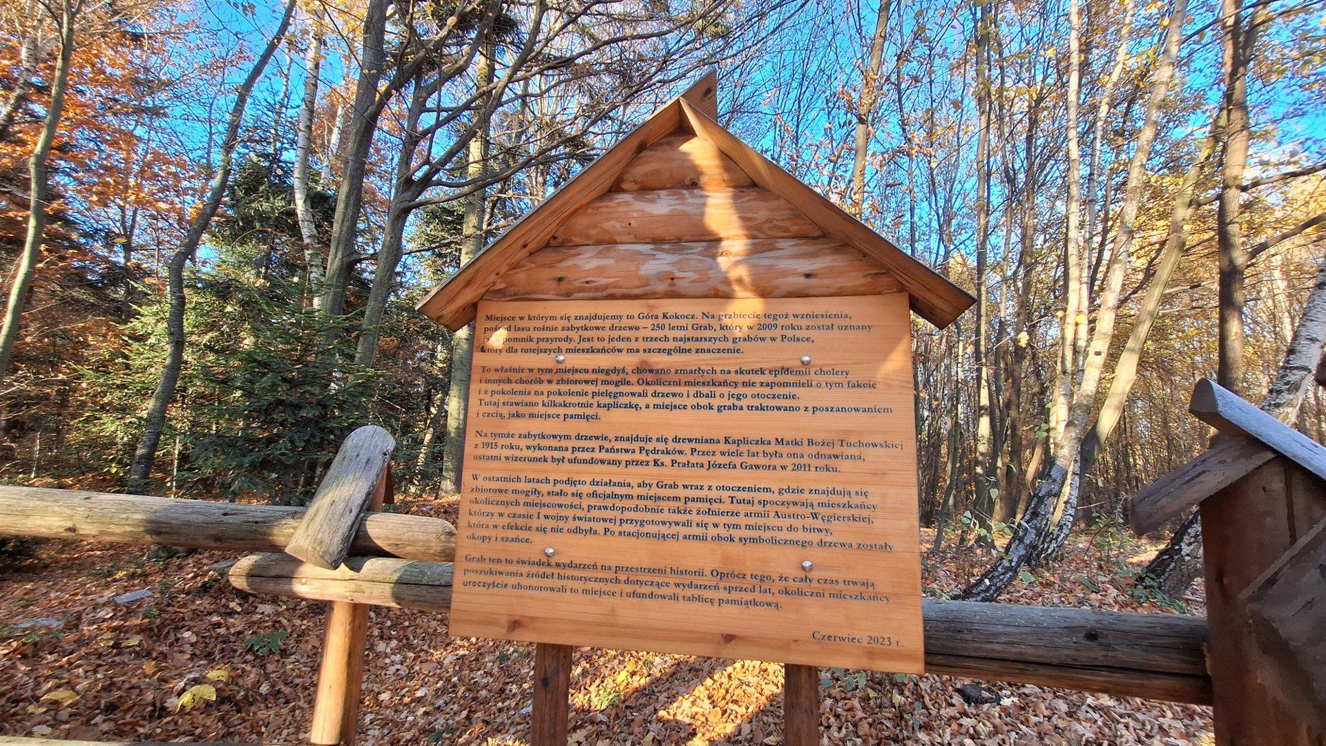 Staraniem społeczników na górze Kokocz, gdzie w XIX-wieku mieli zostać pochowani mieszkańcy okolicznych wsi - ofiary zarazy, upamiętnia głaz z tablicą. Obok starego graba z kapliczką powstało ogrodzenie i nieduży parking