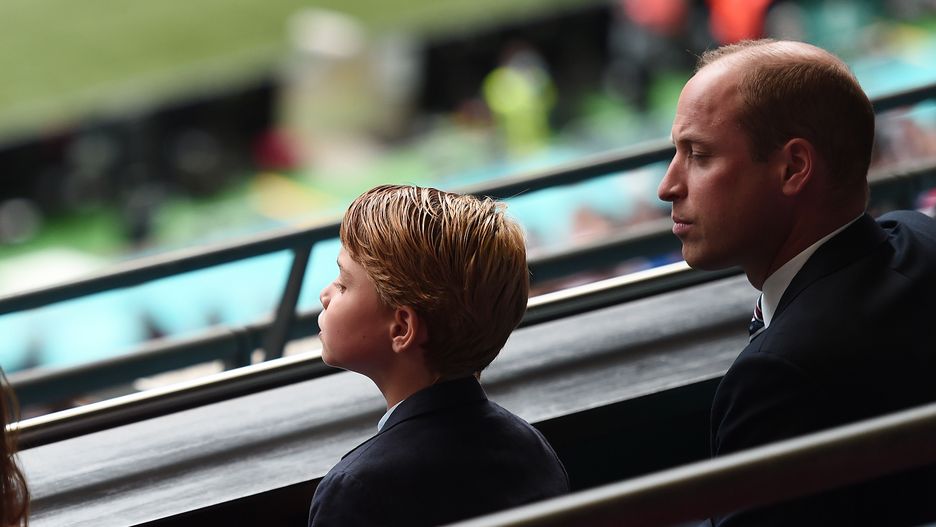 LONDON, ENGLAND - JUNE 29: Prince William, President of the Football Association with Prince George during the UEFA Euro 2020 Championship Round of 16 match between England and Germany at Wembley Stadium on June 29, 2021 in London, England. (Photo by Eamonn McCormack - UEFA/UEFA via Getty Images)