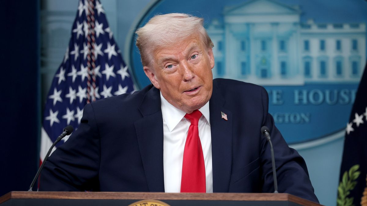 WASHINGTON, DC - JANUARY 20: U.S. President Donald Trump speaks to the media during a press briefing in the James S. Brady Press Briefing Room of the White House on January 20, 2026 in Washington, DC. White House Press Secretary Karoline Leavitt was joined by President Trump days after the president threatened a 10% import tax on goods from eight European countries that have rallied around Denmark amid Trump's calls for the U.S. to take control of Greenland, a semi-autonomous Danish territory. (Photo by Kevin  Dietsch/Getty Images)