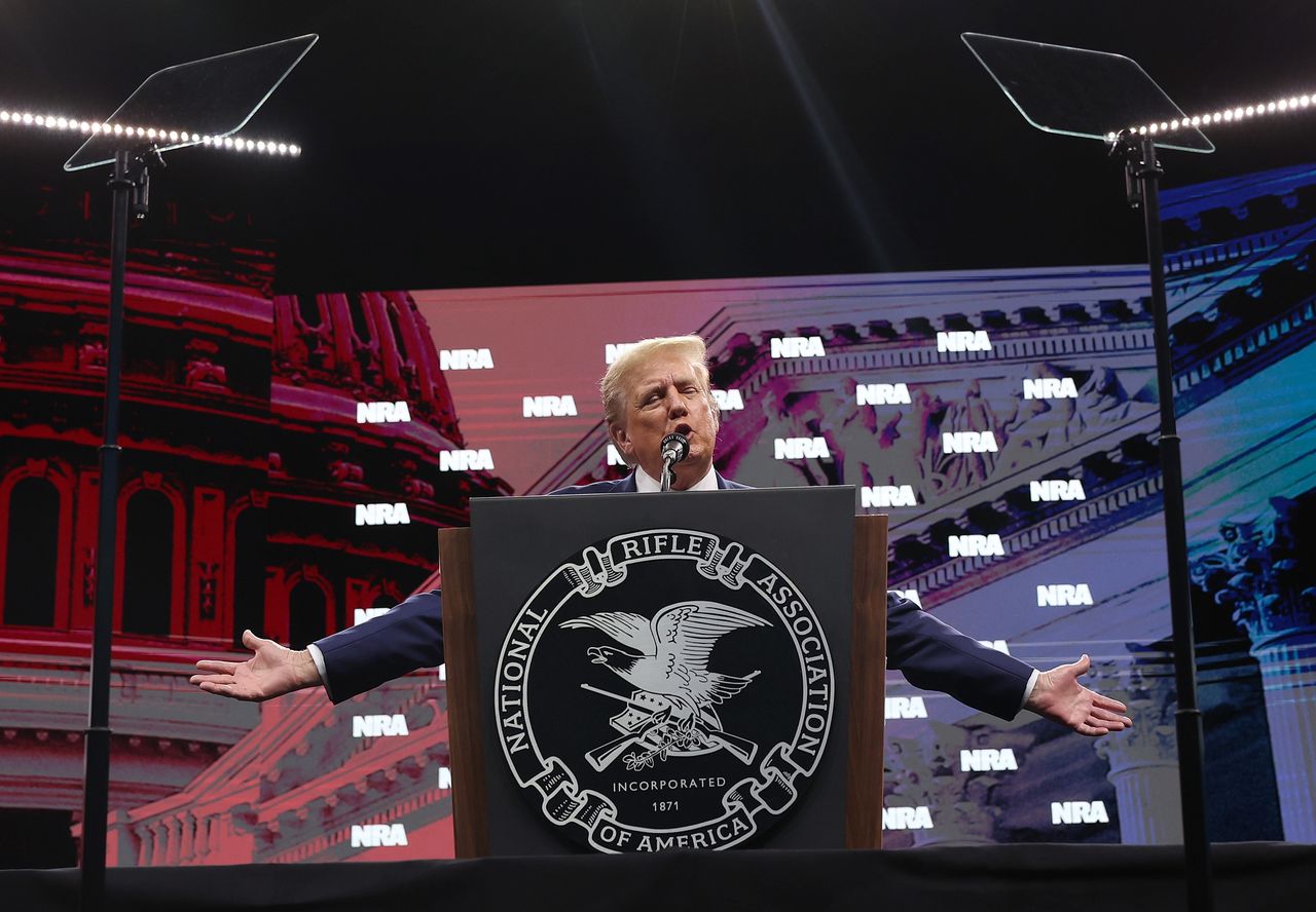 DALLAS, TEXAS - MAY 18: Former U.S. President Donald Trump speaks during the NRA ILA Leadership Forum at the National Rifle Association (NRA) Annual Meeting & Exhibits at the Kay Bailey Hutchison Convention Center on May 18, 2024 in Dallas, Texas. The National Rifle Association's annual meeting and exhibit runs through Sunday. (Photo by Justin Sullivan/Getty Images)