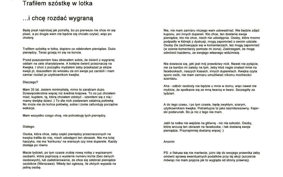 Wygrał w Lotto i rozdaje pieniądze - tajemnicza akcja w polskiej Sieci 2