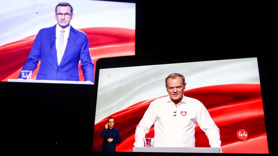 Debata wyborcza w TVP
09.10.2023 Zdjecie ilustracyjne transmisji debaty wyborczej w TVP
fot. Beata Zawrzel/REPORTER
n/z Donald Tusk, Mateusz Morawiecki
Beata Zawrzel/REPORTER