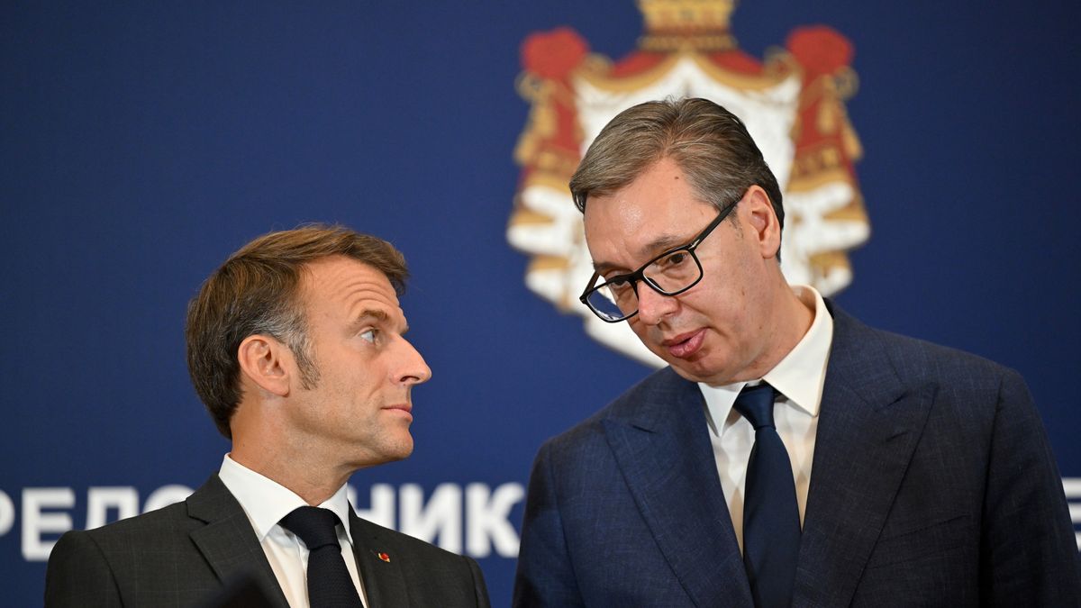 Emmanuel Macron, France's president, left, and Aleksandar Vucic, Serbia's president, at a news conference in Belgrade, Serbia, on Thursday, Aug. 29, 2024. France agreed to sell fighter planes to Serbia in a 2.7 billion ($3 billion) deal as the Balkan country strengthens ties with European Union heavyweights and pivots its defense orders away from traditional partner Russia. Photographer: Oliver Bunic/Bloomberg via Getty Images